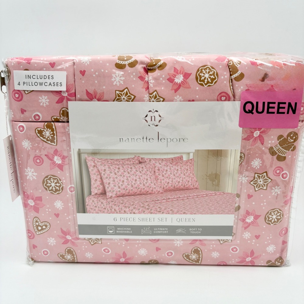 Nanette Lepore Queen 6 Piece Sheet Set Pink Gingerbread Holiday Poinsettia